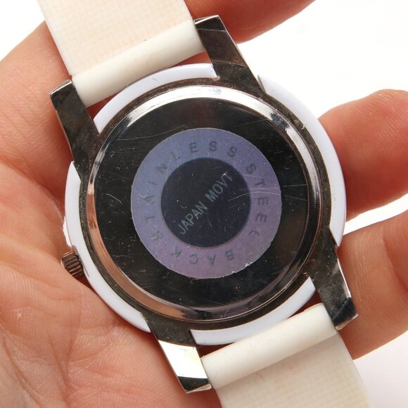 Geneva Quartz Mother of Pearl Face Watch Silicone Rhinestones Large Gold Cream - Picture 9 of 12